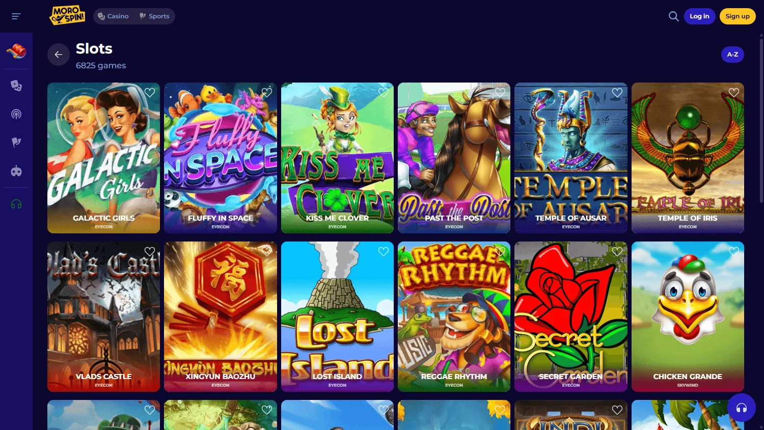 Morospin Casino desktop game selection with casino categories