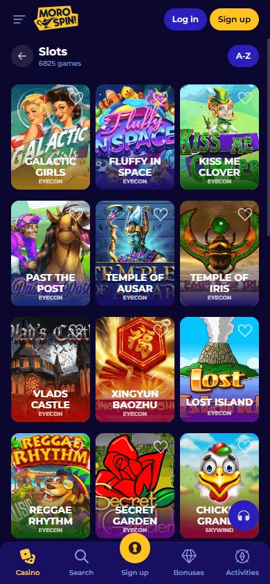Morospin Casino mobile game selection