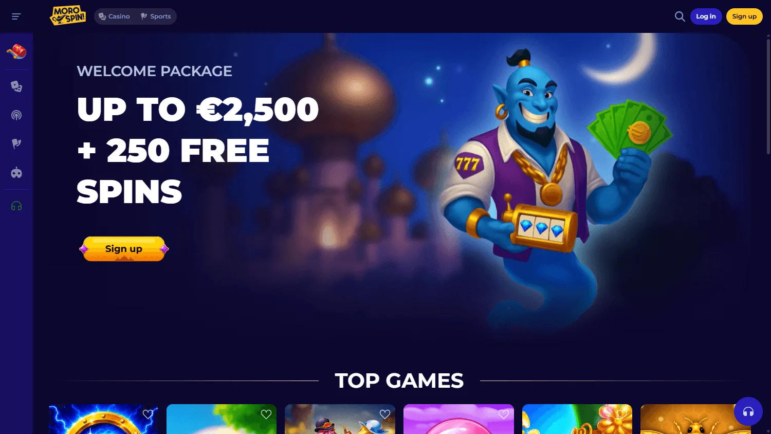 Morospin Casino desktop homepage with casino, sportsbook and promotional access