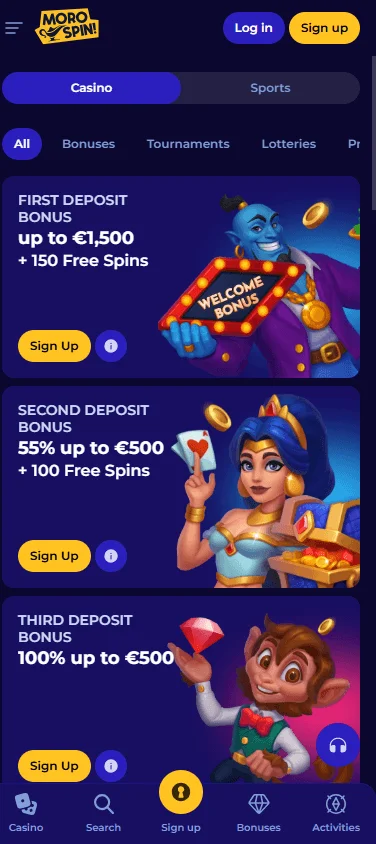 Morospin Casino mobile promotions area
