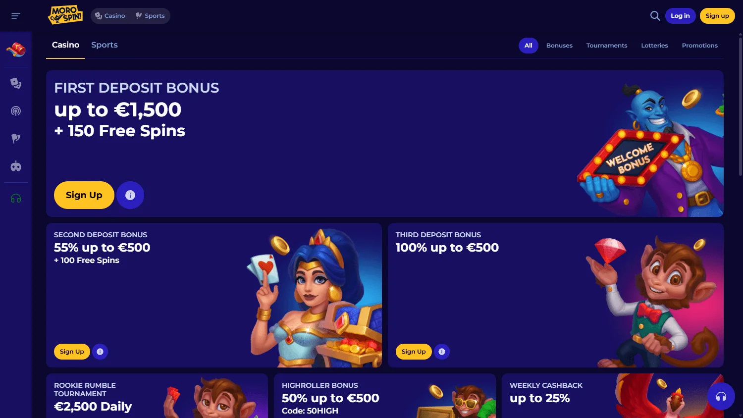 Morospin Casino desktop promotions area with bonuses and tournaments