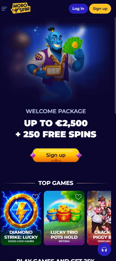 Morospin Casino mobile homepage with access to casino features